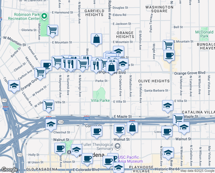 map of restaurants, bars, coffee shops, grocery stores, and more near 595 North Los Robles Avenue in Pasadena