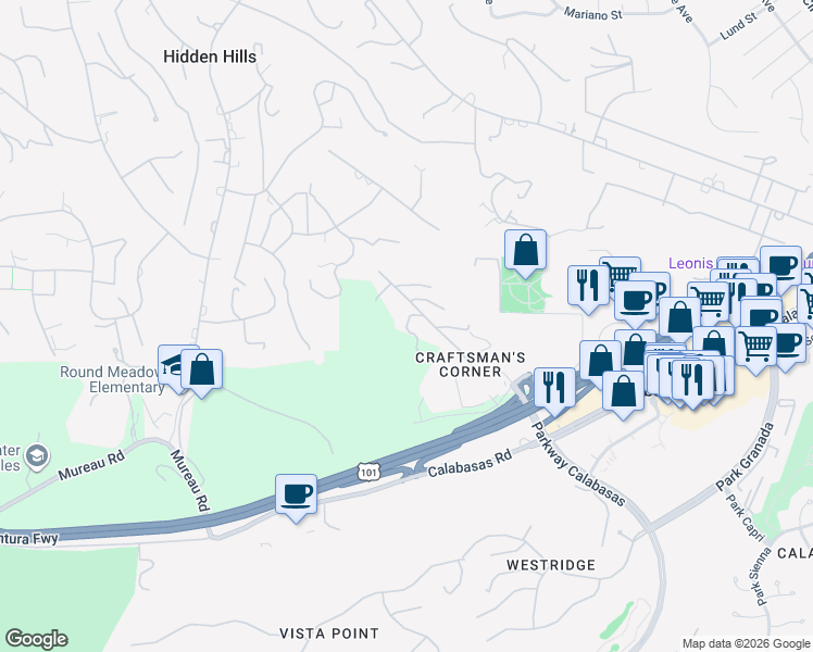 map of restaurants, bars, coffee shops, grocery stores, and more near 5077 Schumacher Road in Calabasas