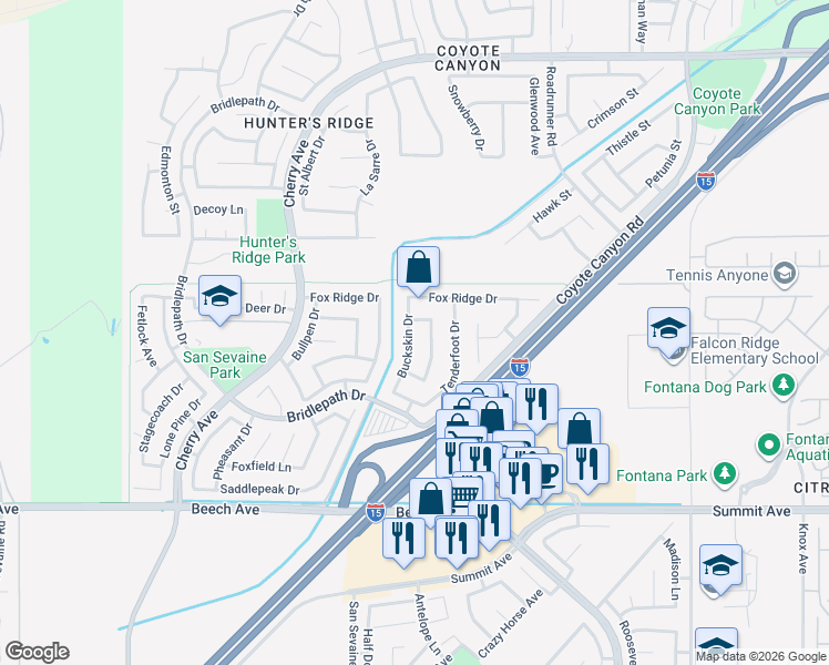 map of restaurants, bars, coffee shops, grocery stores, and more near 5387 Buckskin Drive in Fontana