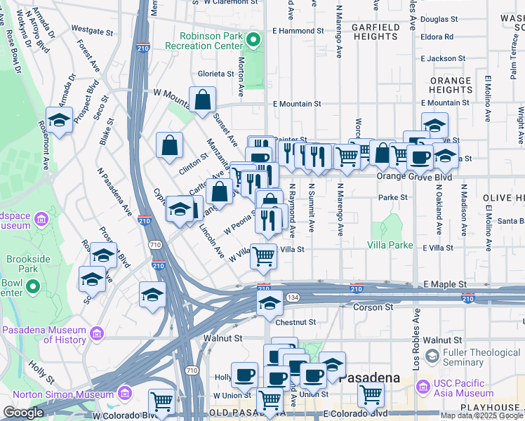 map of restaurants, bars, coffee shops, grocery stores, and more near 608 North Fair Oaks Avenue in Pasadena