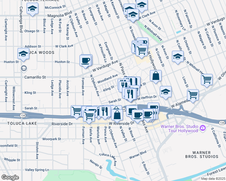 map of restaurants, bars, coffee shops, grocery stores, and more near 4248 West Kling Street in Burbank