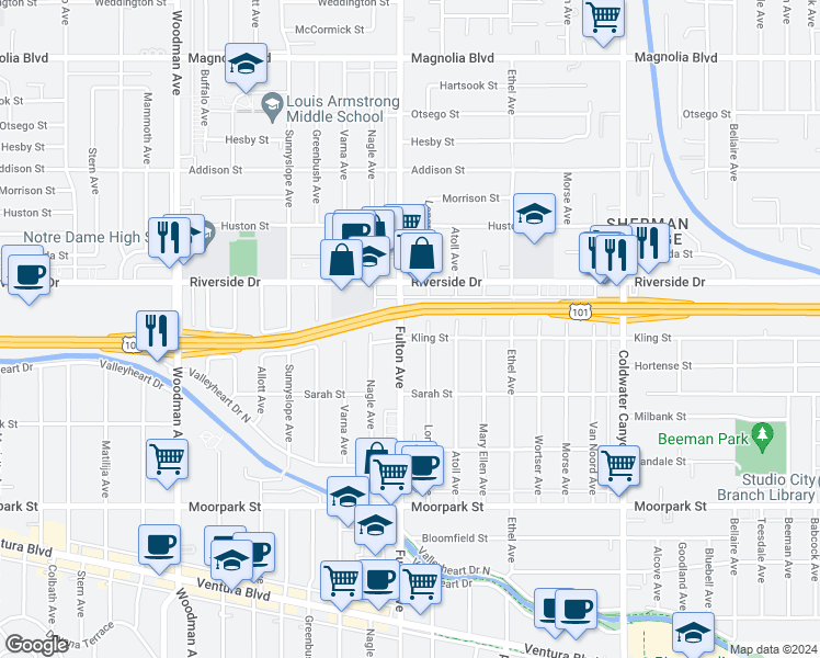 map of restaurants, bars, coffee shops, grocery stores, and more near 4702 Fulton Avenue in Los Angeles