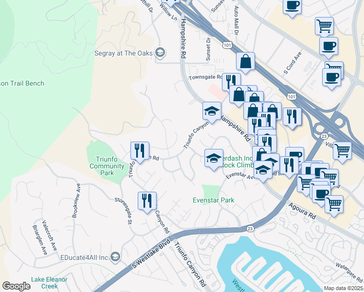 map of restaurants, bars, coffee shops, grocery stores, and more near 673 Triunfo Canyon Road in Westlake Village