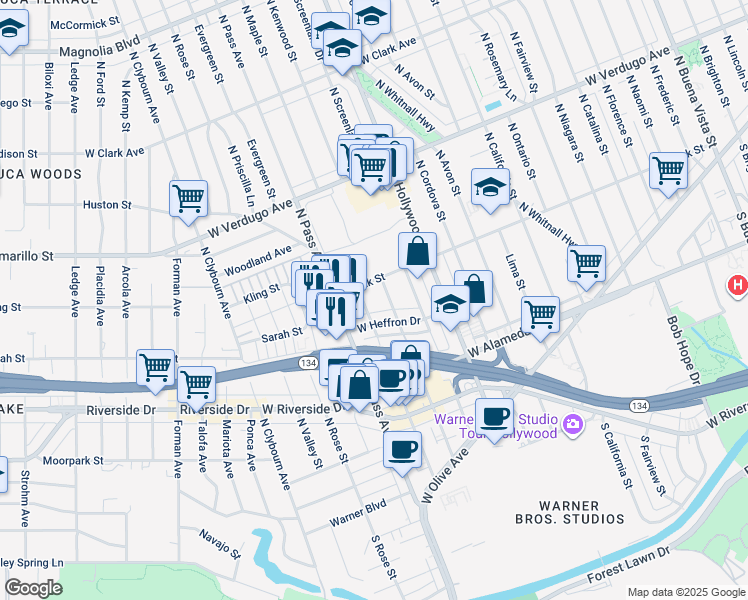 map of restaurants, bars, coffee shops, grocery stores, and more near 316 North Maple Street in Burbank