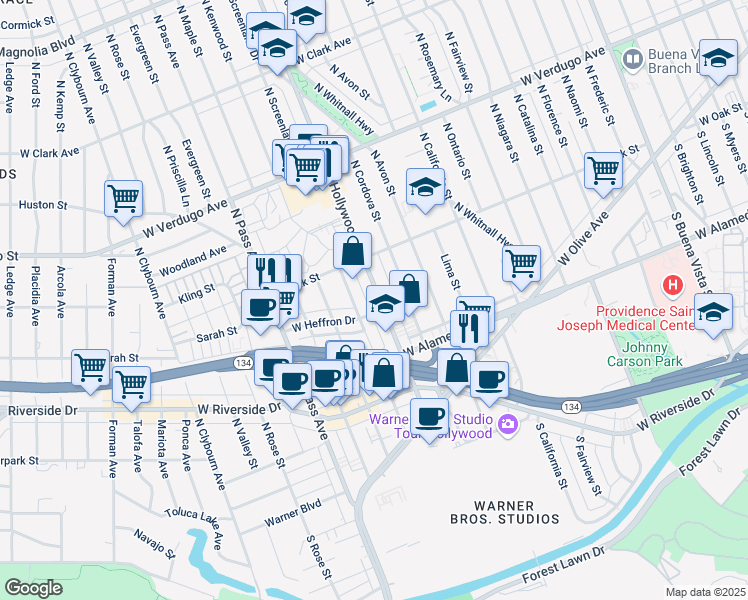 map of restaurants, bars, coffee shops, grocery stores, and more near 307 North Hollywood Way in Burbank