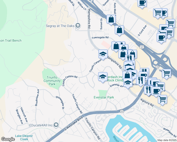 map of restaurants, bars, coffee shops, grocery stores, and more near 681 Triunfo Canyon Road in Westlake Village