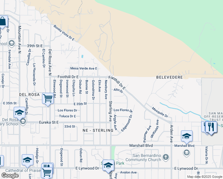 map of restaurants, bars, coffee shops, grocery stores, and more near 8232 Alto Drive in San Bernardino