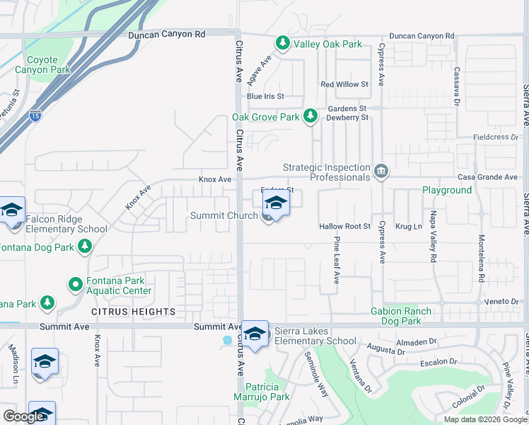map of restaurants, bars, coffee shops, grocery stores, and more near 16200 Pamplona Street in Fontana