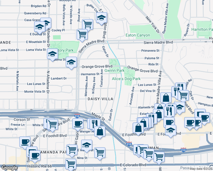 map of restaurants, bars, coffee shops, grocery stores, and more near 582 North Sunnyslope Avenue in Pasadena