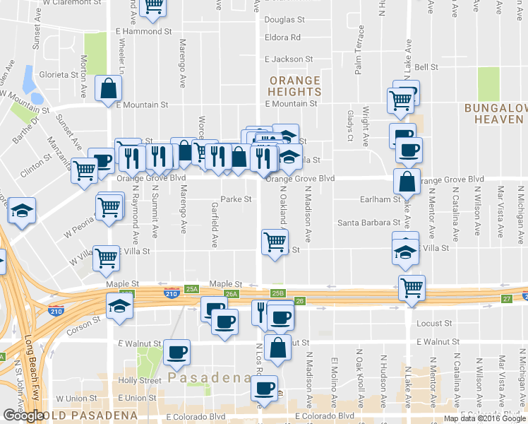 map of restaurants, bars, coffee shops, grocery stores, and more near 620 North Los Robles Avenue in Pasadena