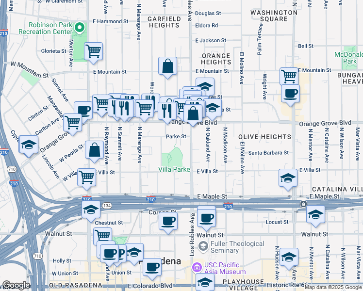map of restaurants, bars, coffee shops, grocery stores, and more near 380 Reinway Court in Pasadena
