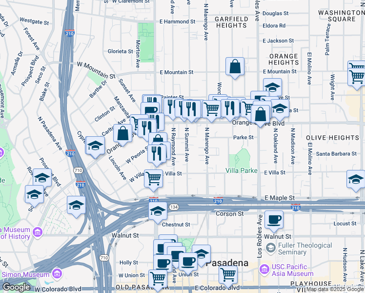 map of restaurants, bars, coffee shops, grocery stores, and more near 620 North Summit Avenue in Pasadena