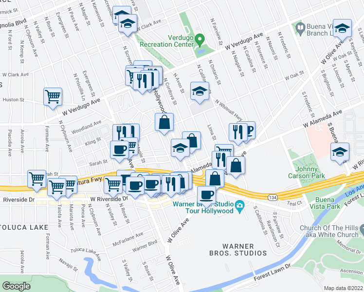 map of restaurants, bars, coffee shops, grocery stores, and more near 322 North Hollywood Way in Burbank