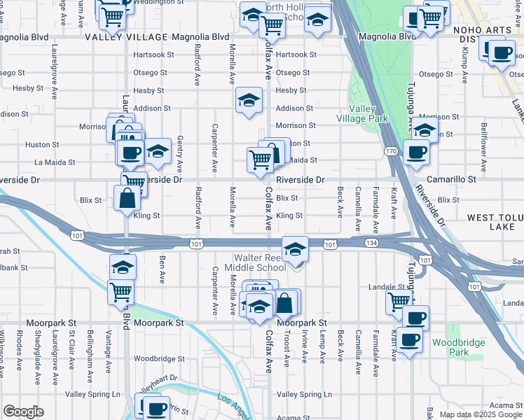 map of restaurants, bars, coffee shops, grocery stores, and more near 11656 Blix Street in Los Angeles