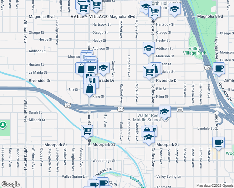 map of restaurants, bars, coffee shops, grocery stores, and more near 4720 Radford Avenue in Los Angeles