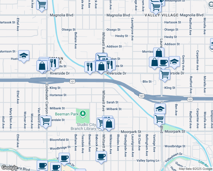 map of restaurants, bars, coffee shops, grocery stores, and more near 4718 Whitsett Avenue in Los Angeles