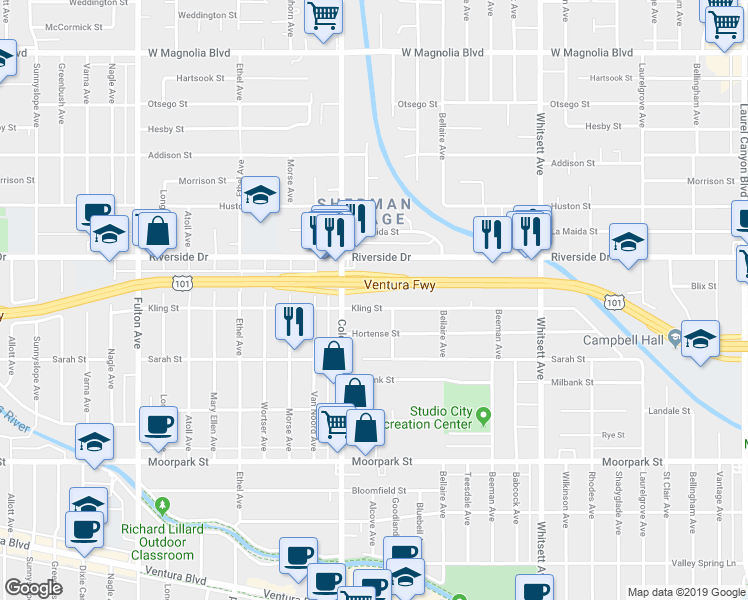 map of restaurants, bars, coffee shops, grocery stores, and more near 12843 Kling Street in Los Angeles
