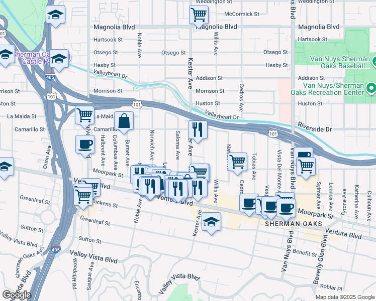 map of restaurants, bars, coffee shops, grocery stores, and more near 4727 Kester Avenue in Los Angeles