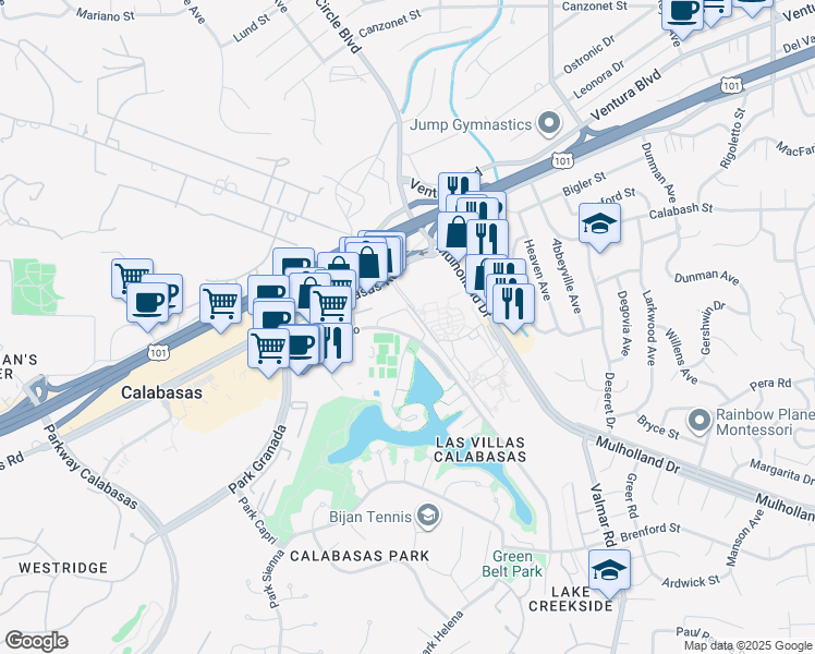 map of restaurants, bars, coffee shops, grocery stores, and more near 23391 Park Sorrento in Calabasas