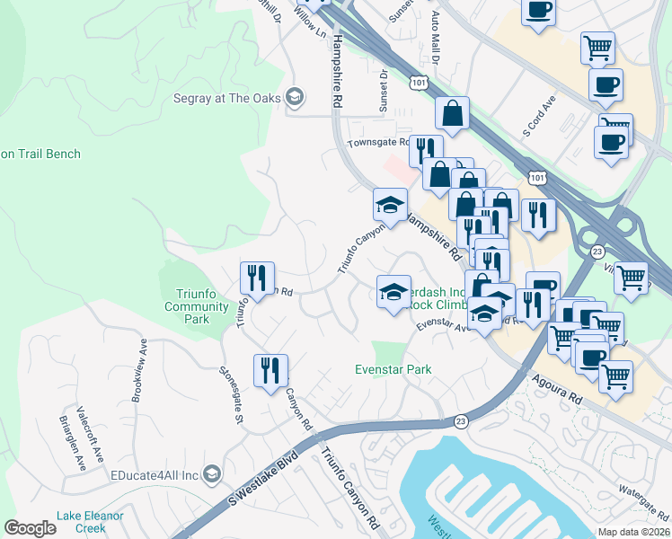 map of restaurants, bars, coffee shops, grocery stores, and more near 673 Triunfo Canyon Road in Westlake Village