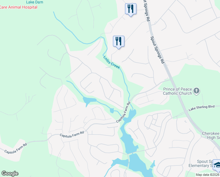 map of restaurants, bars, coffee shops, grocery stores, and more near 6640 Trail Side Drive in Flowery Branch