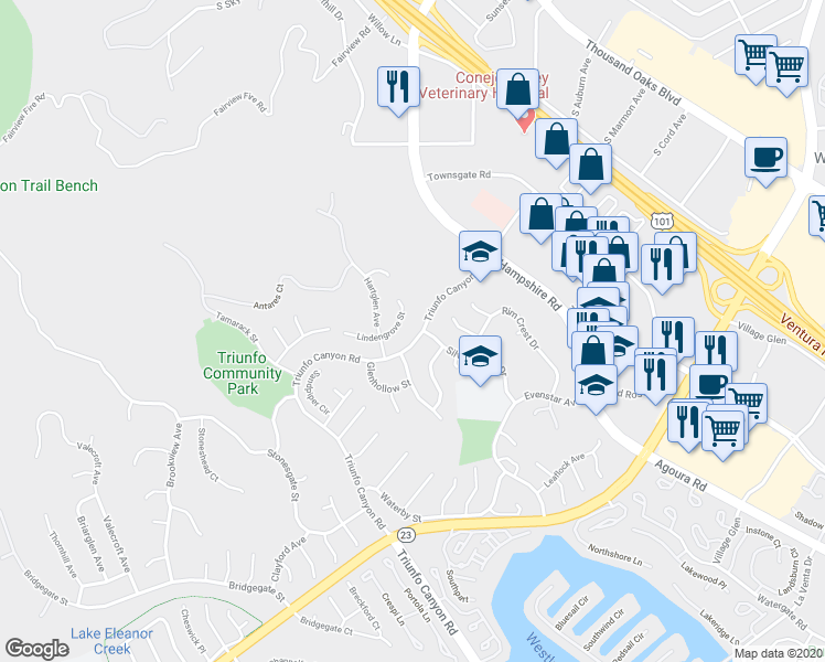 map of restaurants, bars, coffee shops, grocery stores, and more near 681 Triunfo Canyon Road in Westlake Village