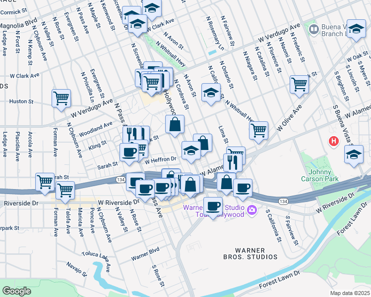 map of restaurants, bars, coffee shops, grocery stores, and more near 307 North Hollywood Way in Burbank
