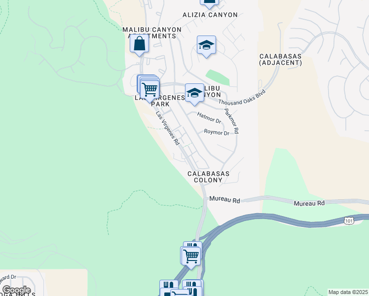 map of restaurants, bars, coffee shops, grocery stores, and more near 5438 Las Virgenes Road in Calabasas