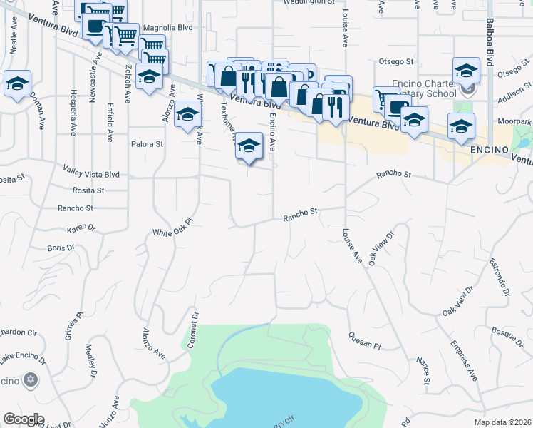 map of restaurants, bars, coffee shops, grocery stores, and more near 17503 Rancho Street in Los Angeles