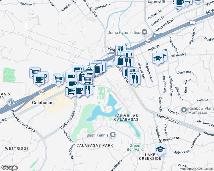 map of restaurants, bars, coffee shops, grocery stores, and more near 23351 Park Sorrento in Calabasas