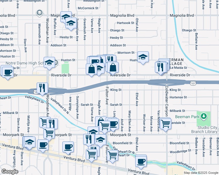 map of restaurants, bars, coffee shops, grocery stores, and more near 4702 Fulton Avenue in Los Angeles