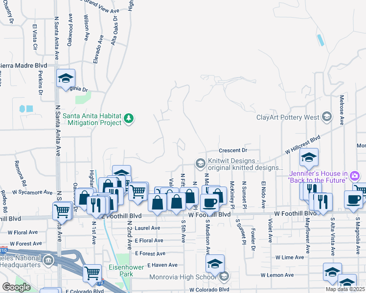 map of restaurants, bars, coffee shops, grocery stores, and more near 318 North Terrace View Drive in Monrovia