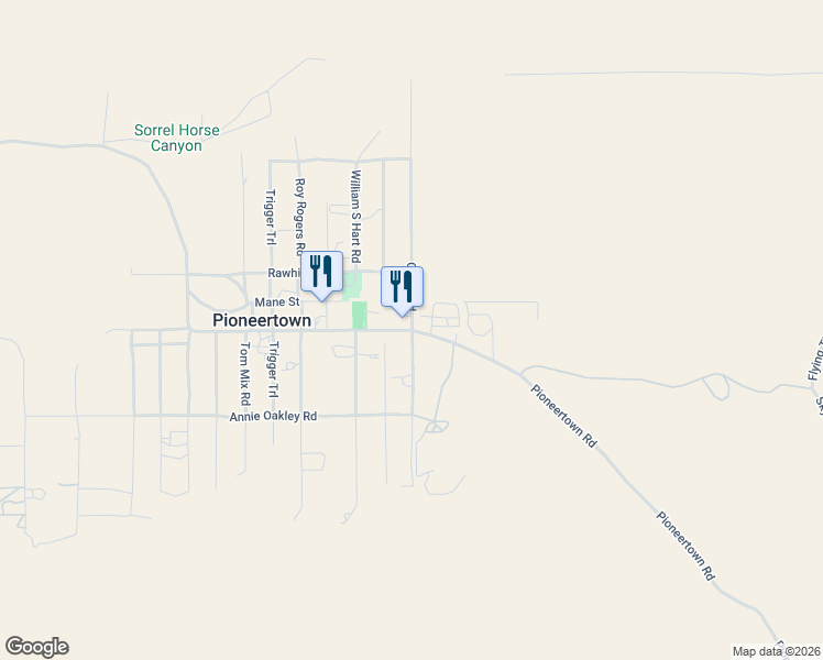 map of restaurants, bars, coffee shops, grocery stores, and more near Curtis Road in Pioneertown