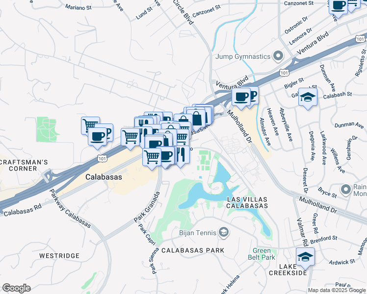 map of restaurants, bars, coffee shops, grocery stores, and more near 23501 Park Sorrento in Calabasas