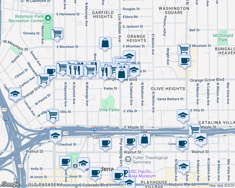 map of restaurants, bars, coffee shops, grocery stores, and more near 595 North Los Robles Avenue in Pasadena