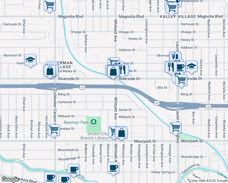 map of restaurants, bars, coffee shops, grocery stores, and more near 4705 Whitsett Avenue in Los Angeles