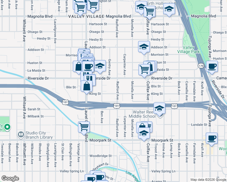 map of restaurants, bars, coffee shops, grocery stores, and more near 4720 Radford Avenue in Los Angeles