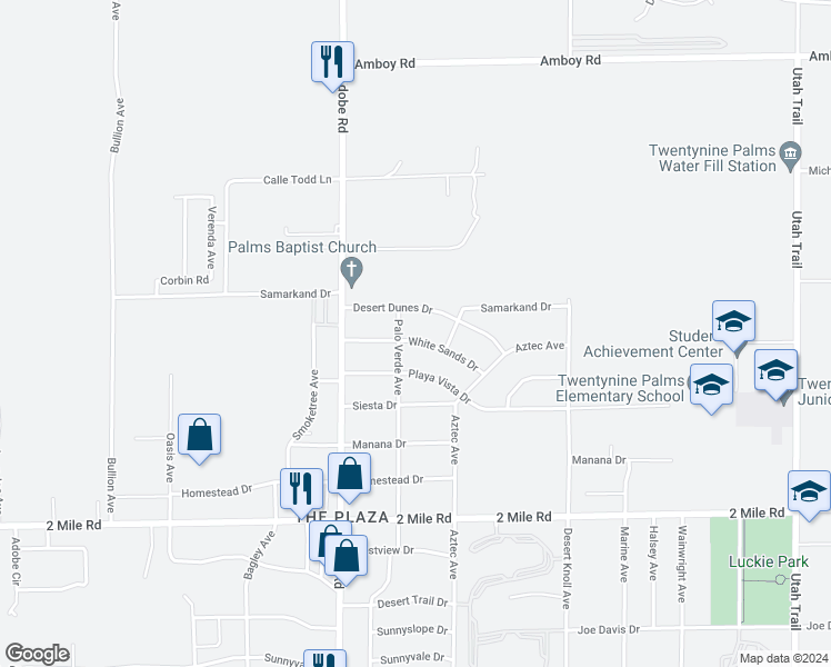 map of restaurants, bars, coffee shops, grocery stores, and more near 73824 White Sands Drive in Twentynine Palms