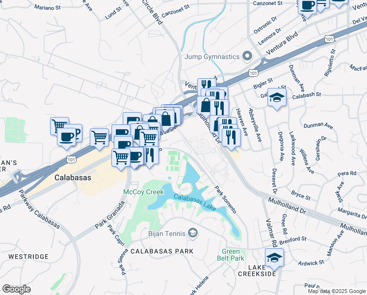 map of restaurants, bars, coffee shops, grocery stores, and more near 23351 Park Sorrento in Calabasas