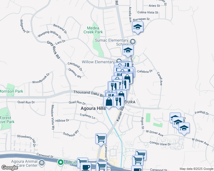 map of restaurants, bars, coffee shops, grocery stores, and more near 5738 Skyview Way in Agoura Hills