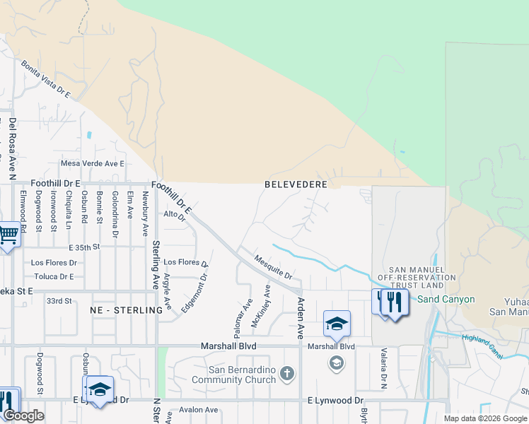map of restaurants, bars, coffee shops, grocery stores, and more near 3604 Juniper Drive in San Bernardino