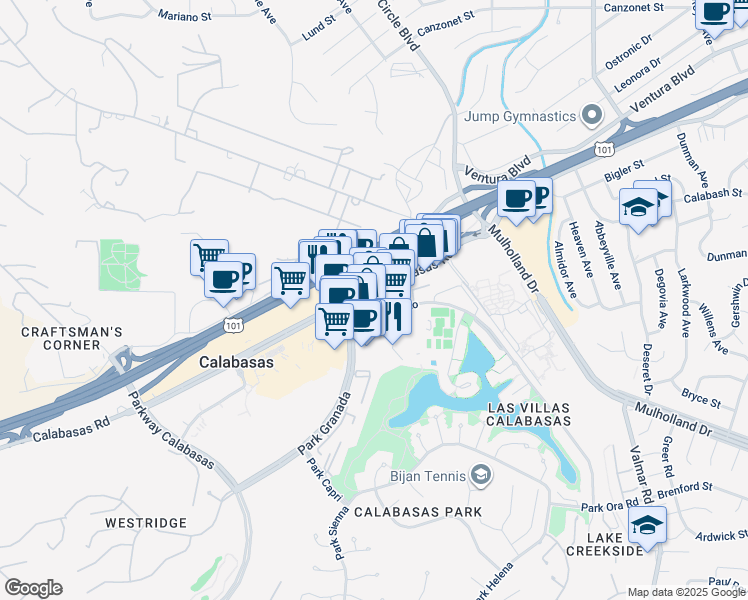 map of restaurants, bars, coffee shops, grocery stores, and more near 23586 Calabasas Road in Calabasas