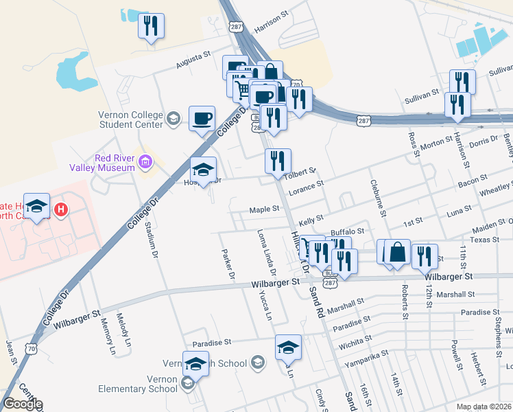 map of restaurants, bars, coffee shops, grocery stores, and more near 4214 Maple Street in Vernon