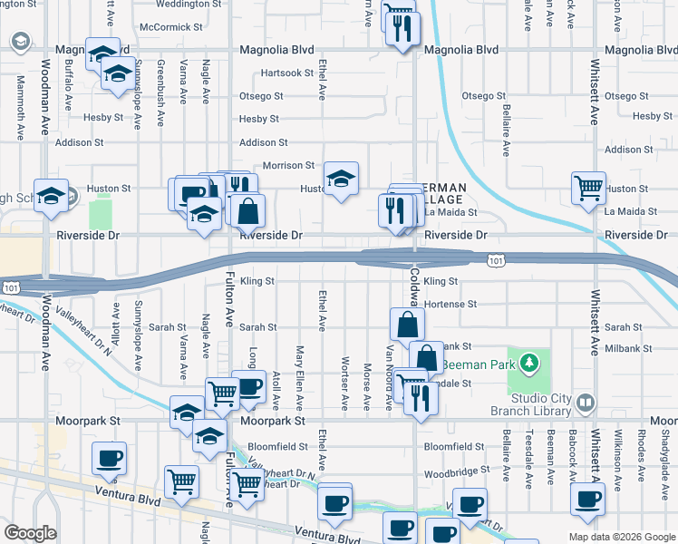 map of restaurants, bars, coffee shops, grocery stores, and more near 4719 Wortser Avenue in Los Angeles