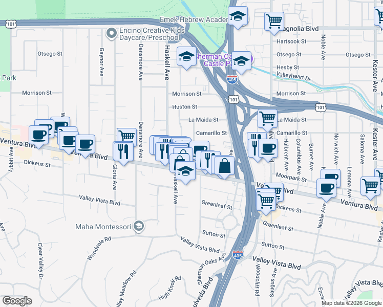 map of restaurants, bars, coffee shops, grocery stores, and more near 4711 Firmament Avenue in Los Angeles