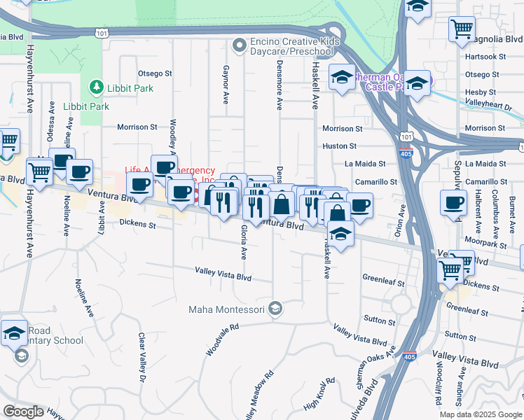map of restaurants, bars, coffee shops, grocery stores, and more near 15808 Moorpark Street in Los Angeles