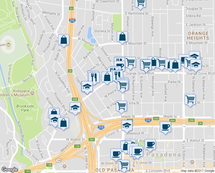 map of restaurants, bars, coffee shops, grocery stores, and more near in Pasadena