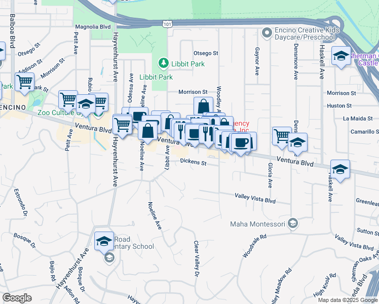 map of restaurants, bars, coffee shops, grocery stores, and more near 16226 Ventura Boulevard in Los Angeles