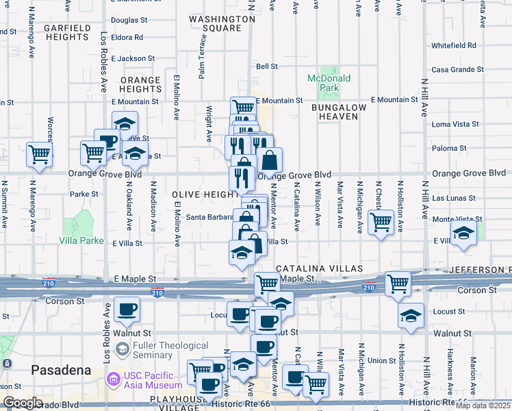 map of restaurants, bars, coffee shops, grocery stores, and more near 605 North Lake Avenue in Pasadena
