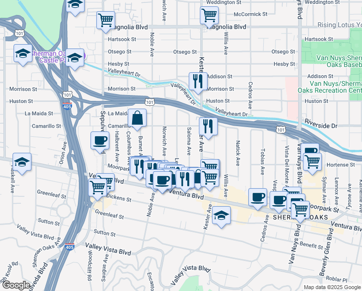 map of restaurants, bars, coffee shops, grocery stores, and more near 4718 Lemona Avenue in Los Angeles